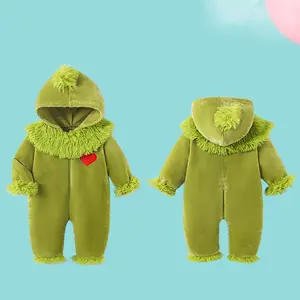 Baby Green Monster Costume Long Sleeve Heart Embroidery Hooded Romper Newborn Christmas Jumpsuit