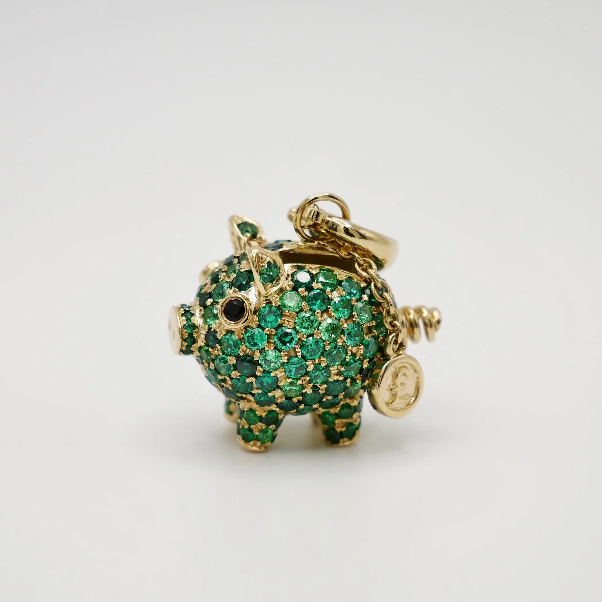 Baby Piggy Bank Charm Pendant with Lab Grown Emeralds, 9K Gold