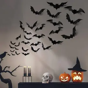 48pcs 3D PVC Bat Halloween Decorations, Horror Bar Room Wall Stickers, Perfect for Party Supplies & Home Decoration, Decorative Wall Sticker