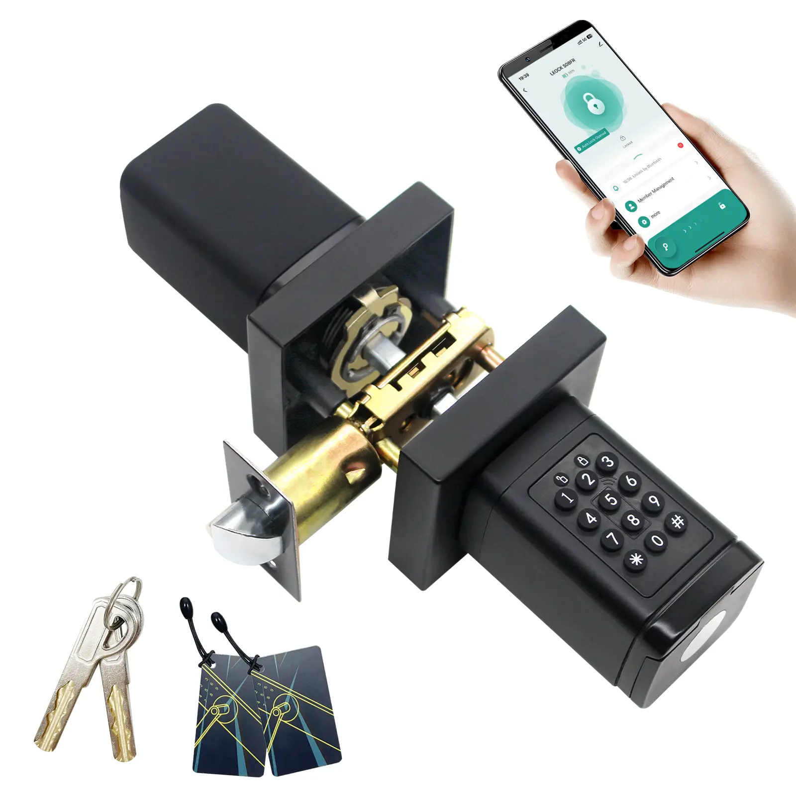 Smart Door Knob with Keypad and Key, Keyless App Control Entry Door Lock with Rubber Grip, Auto Lock,50 User Code,Waterproof, Easy to Install and Program for Bedroom Garage Office Gate