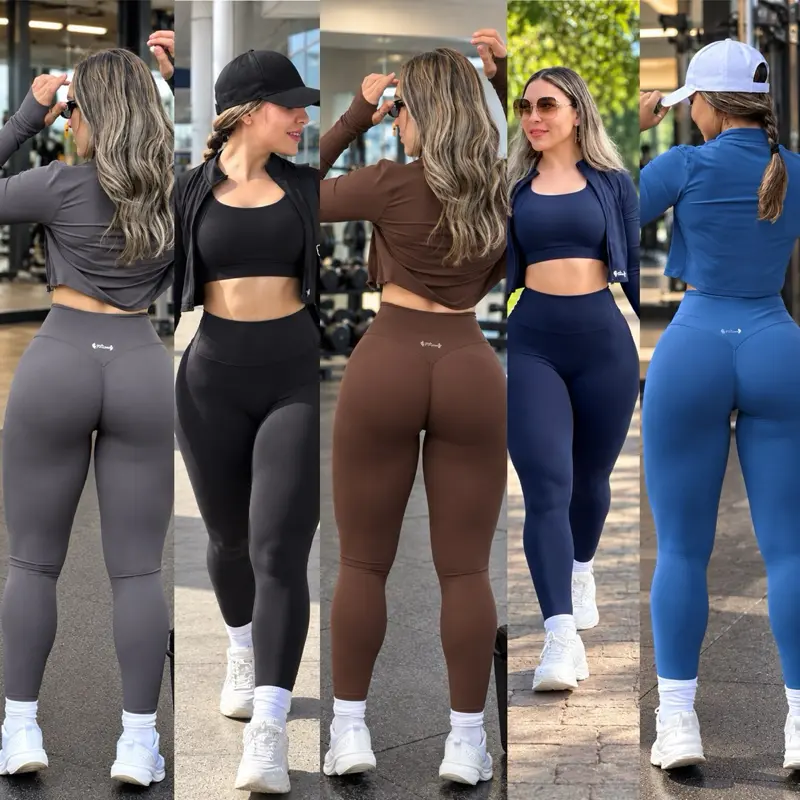 Sports Sets 3 Pcs Leggings Crop Top & Long Sleeve Top High Waisted with Gluteo Accent Women's Fitness Clothes - Womenswear