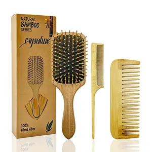 3 - Piece Natural Bamboo Hair Comb Set: Air - Cushion Massage Anti Tangle Brush, Fine - Tooth & Wide - Tooth Combs, 100% Plant Fiber, Heatless Tool Use, Ideal for Family Hair Care, Minimize Static and Frizz, Tailored for Varied Hair Needs