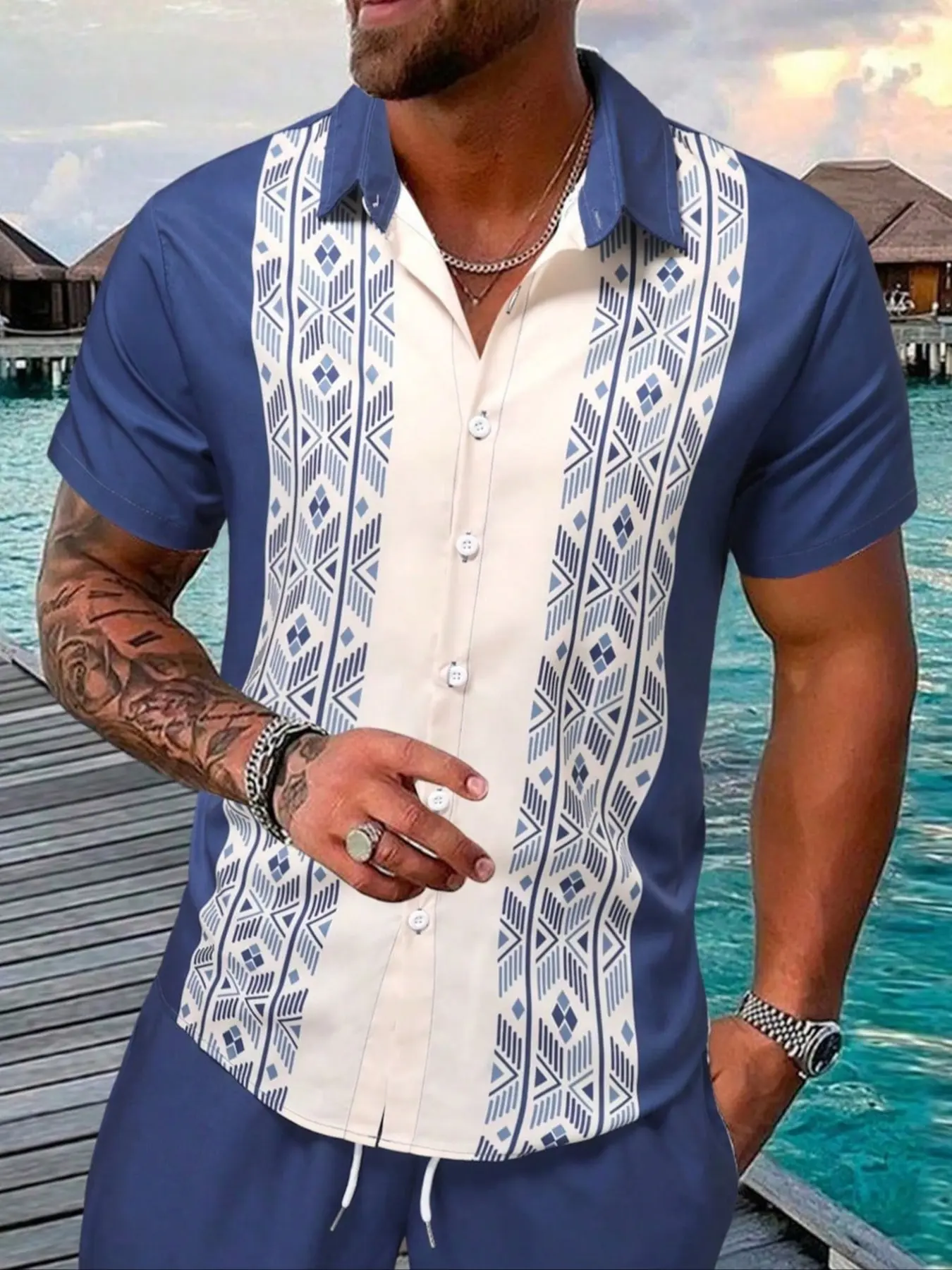 Men's Blue Ethnic Print Short Sleeve Fitted Shirt, Casual Geometric Pattern, Breathable Lightweight Fabric, Perfect for Vacation Wear