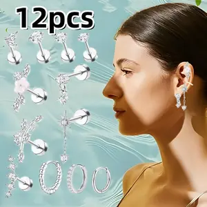 12PCS Stainless Steel Cartilage Earrings Studs Helix Earrings Tragus Piercing Jewelry Synthetic Helix Earrings Stud Head Round Ball Back Earrings Piercing Set Exquisite and Elegant Holiday Gift Halloween