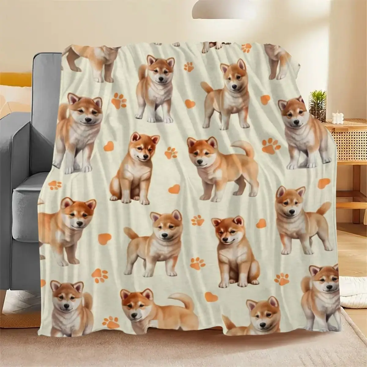 Shiba Inu Puppy Paw Print Hearts Flannel Blanket - Soft, Cozy, Warm Fuzzy Plush Throw, Ideal Birthday Gift for Dog Lovers, Kids Bedroom/Sofa Decor