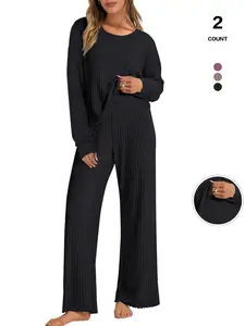 2026 Spring Summer Women's Ribbed Knit 2 Piece Outfit - Crew Neck Loose Long Sleeve Top & Elastic Waist Wide Leg Pants Set, Soft Skin-Friendly Loungewear for Casual Daily & Lounge Wear Womenswear
