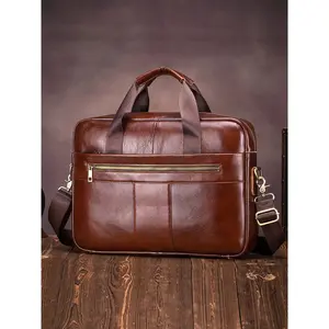 Men's Genuine Leather Briefcase, Vintage Business Laptop Bag, Multi-Layer Numerous Compartments Large Capacity Shoulder Crossbody Bag, Travel Handbag