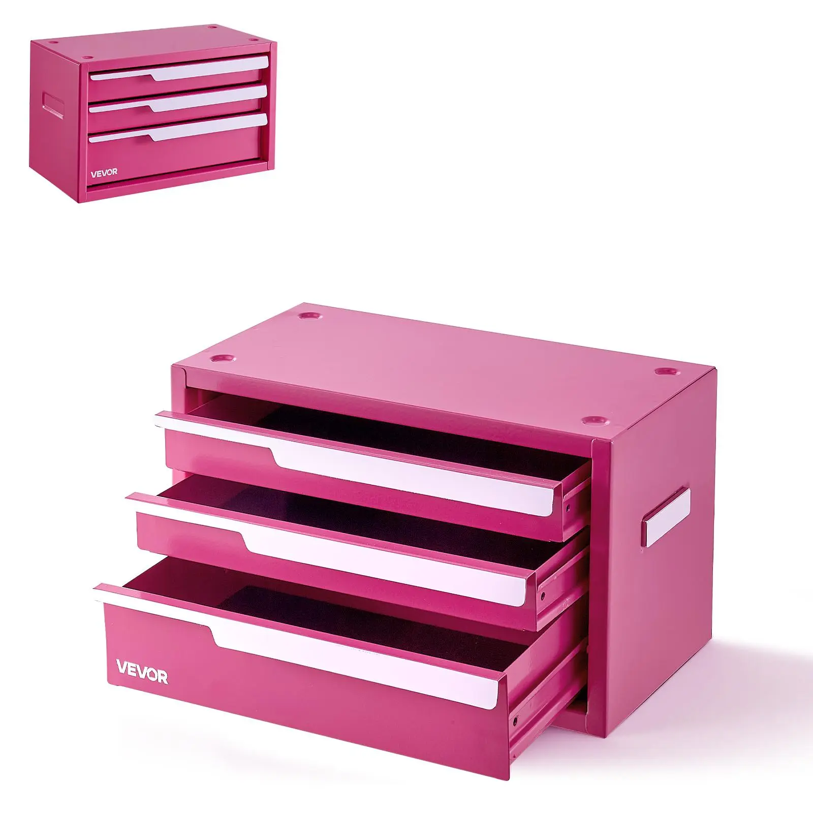 【ChristmasGift】VEVOR 3-Drawer Heavy-Duty Pink Steel Tool Box, Portable Metal Tool Organizer with Magnetic Design, Protective Liners for Garage, Workshop Storage Cabinet