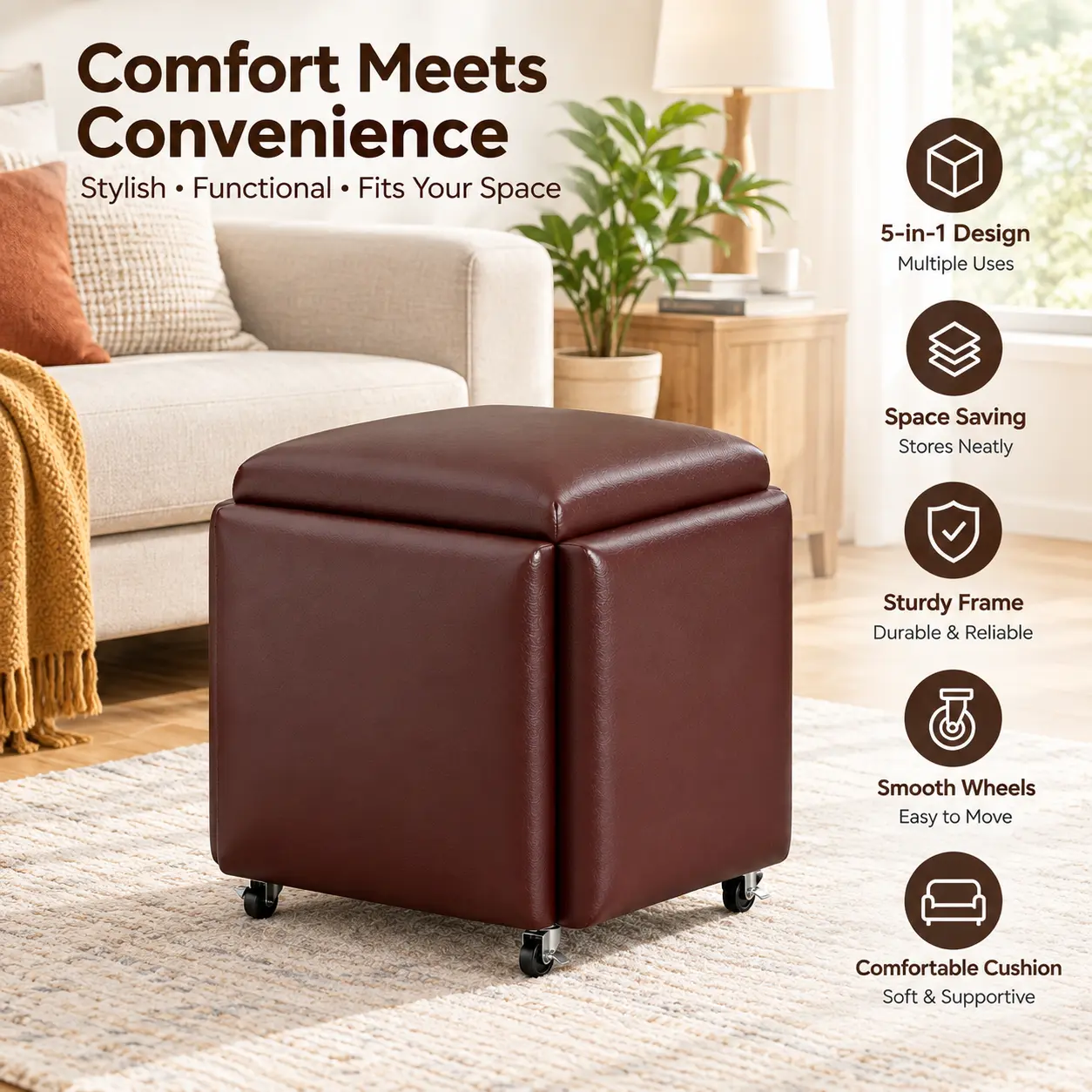 Square Upholstered Faux Leather Stool, Brown Padded Ottoman Footrest with Casters for Entryway, Bedroom and Living Room Home Seating