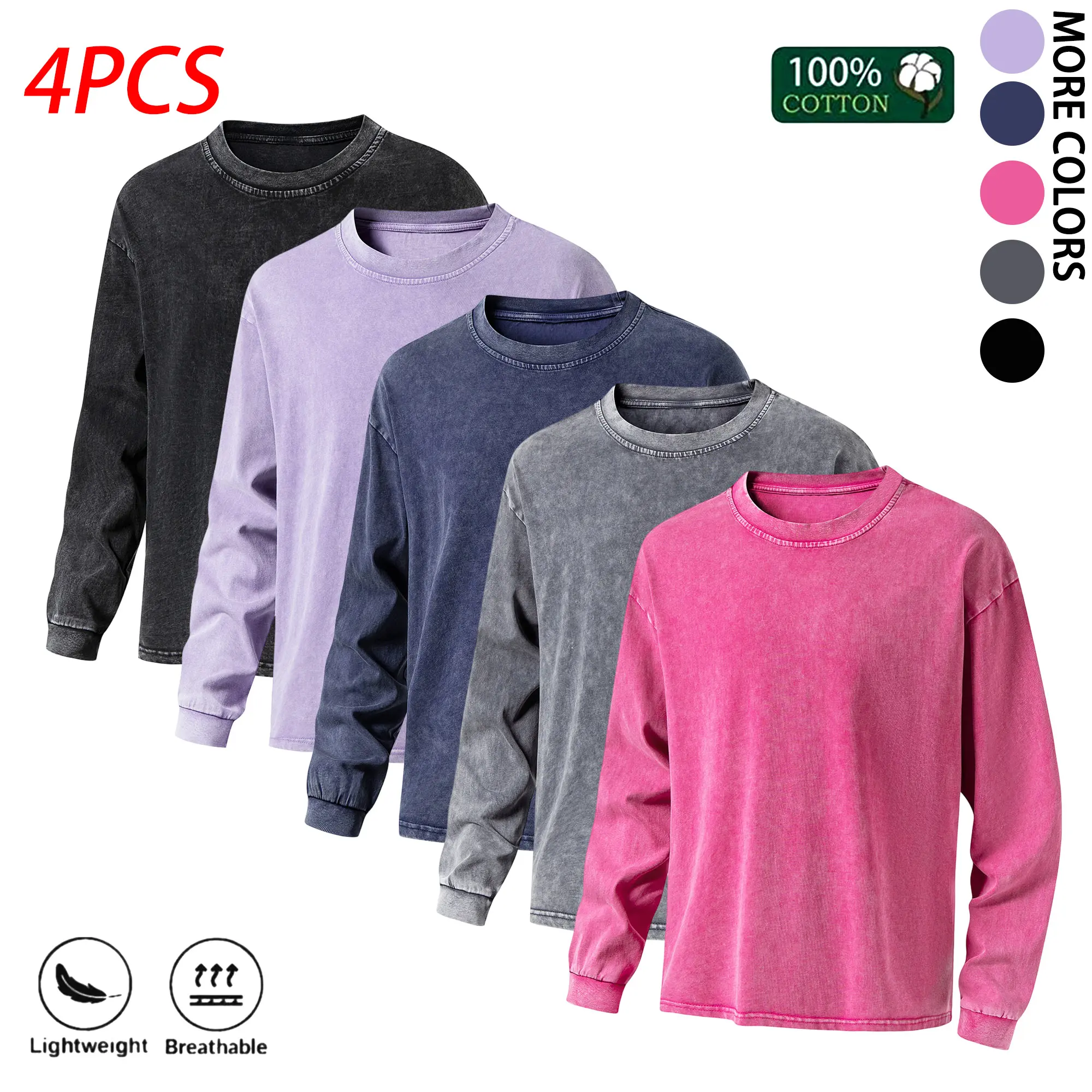Unisex couple 3-piece set: vintage washed distressed loose long-sleeve sweatshirt, crewneck washed casual pullover top, soft lightweight basic streetwear top for everyday autumn wear.