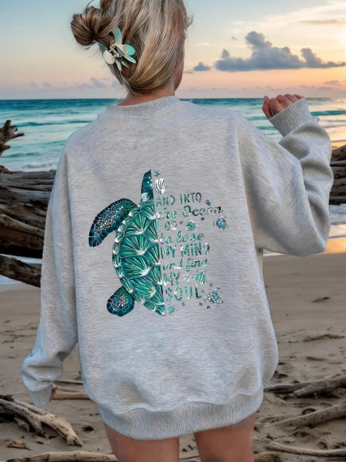Coastal Cowgirl Aesthetic Ocean Turtle Graphic Sweatshirt | Soft Fleece, Loose, Baggy, Oversized Pullover, Ideal for Beach Days, Coastal Vacations, Casual Loungewear | Nature-Inspired Top for Women Who Love Beachy Vibes & Comfortable Stylish Outfits