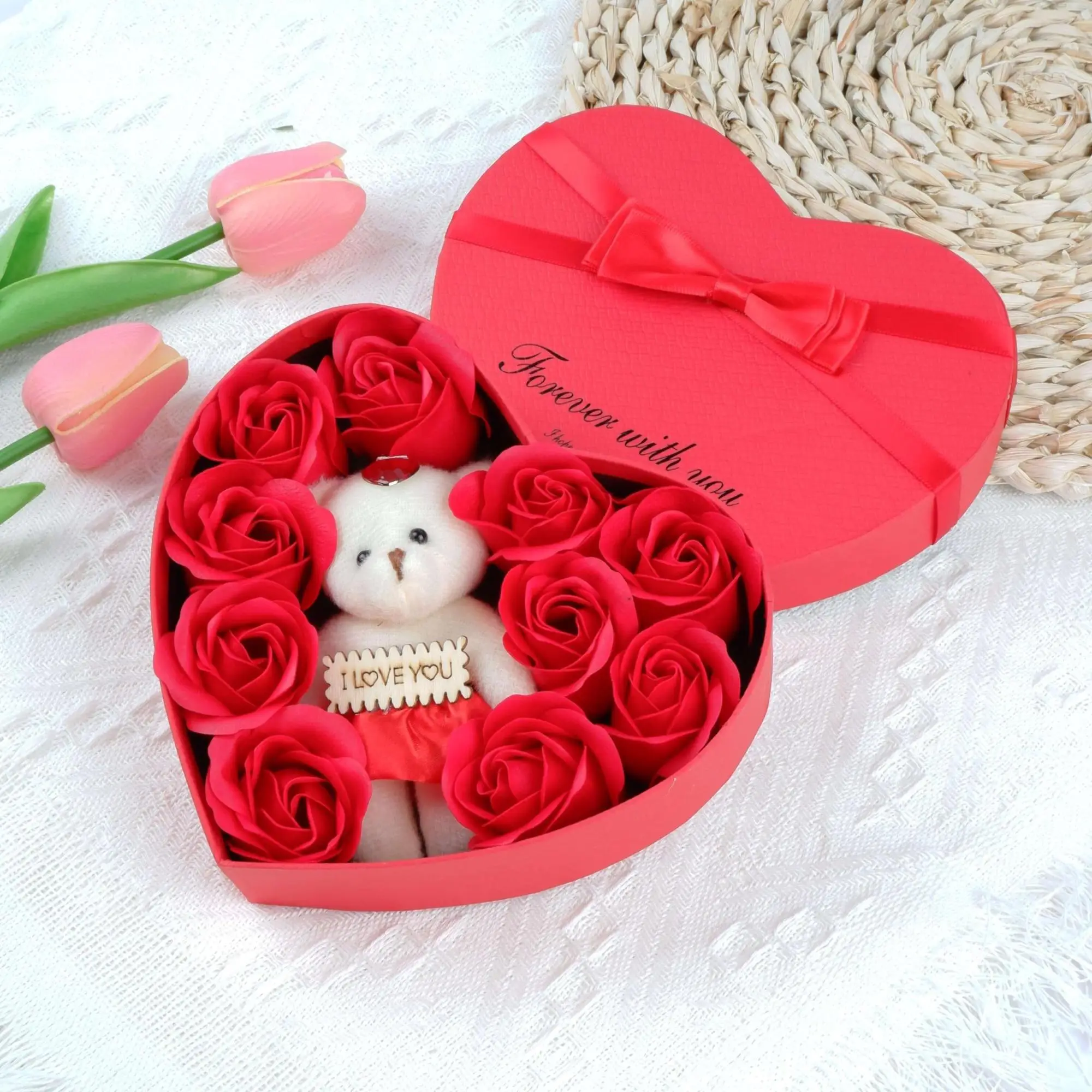 Artificial Rose & Cute Bear Design Gift Box Set, 1 Count/10pcs Gift Box With/without Necklace for Women & Men, Birthday Gift for Friends & Family, Roo