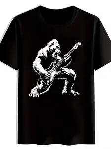 Men's Music Gorilla Playing Electric Guitar T-Shirt - Casual Short Sleeve Round Neck Tee with Digital Print, Loose Fit for all-Season, Casual Attire & Music Lovers