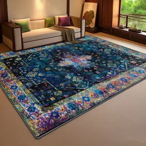 Velvet Soft Comfort Blue Floral Pattern Carpet, Home Decor Rug, Living Room Large Mat, Sofa Pad, Door Mat, Coffee Table Mat, Bedroom Rug, Decorative Area Rug, Bohemian Style Rugs