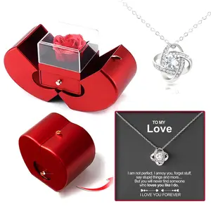 Mother's Day Gift Rotating Musical Eternal Flower Box Lucky Four-Leaf Clover Necklace Apple-Shaped Gift Box Women's Accessories