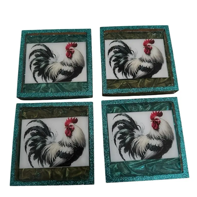 4 Piece 4x4 Inch Chicken or Sugar Skull Coasters with Cork Backing for Any Table Style Protection Decorative Rooster Design