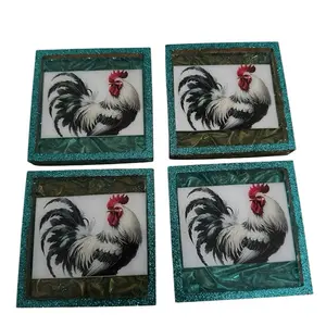 4 Piece 4x4 Inch Chicken or Sugar Skull Coasters with Cork Backing for Any Table Style Protection Decorative Rooster Design
