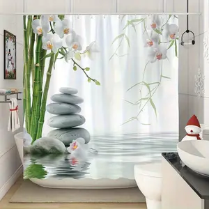 [1pc Polyester Shower Curtain] 1pc High-Quality Digital Print Polyester Zen Stone and Orchid Shower Curtain Extra Wide No Holes Bathroom Curtain