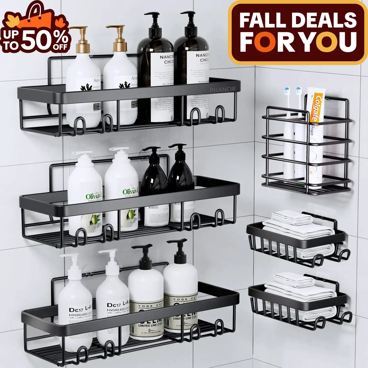 PHANCIR 6 PCS Shower Caddy, No Drilling Bathroom Organizer with Soap Holder, Adhesive Bathroom Caddy, Black Installation Square Transparent Stainless