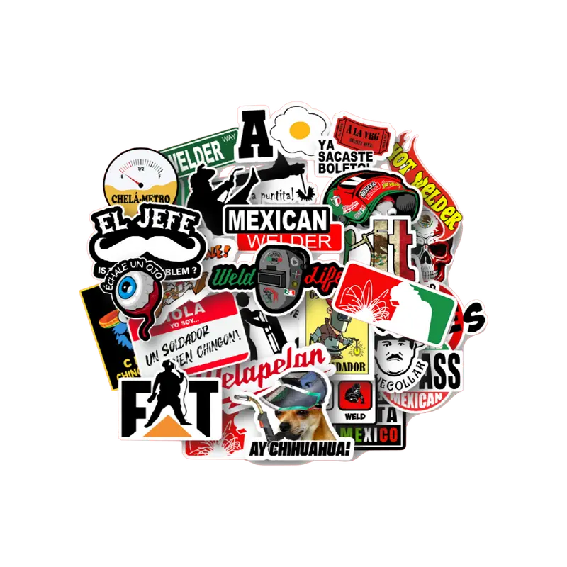 30 Funny Mexican Parody Welder Sticker Pack for Hard Hats, Toolboxes, Tumblers – Durable Vinyl Stickers for Blue Collar Humor.