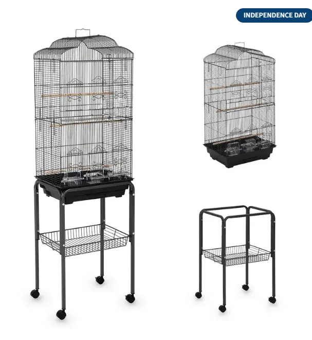Multi-Level Rolling Bird Cage with Storage Shelf, 59.8" Metal Parrot Cage, 4 Access Doors, Removable Tray, Perches, Food Bowls, Detachable Stand for Various Birds, Black