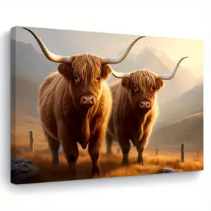 1 Piece Highland Cow on Golden Grassland Canvas Wall Art, Artistic - Modern Country Style Decorative Painting, with Wooden Frame, Suitable for Living Room, Bedroom Hanging Art - Ideal Gift for Him or Her, 2D Flat, Room Decoration