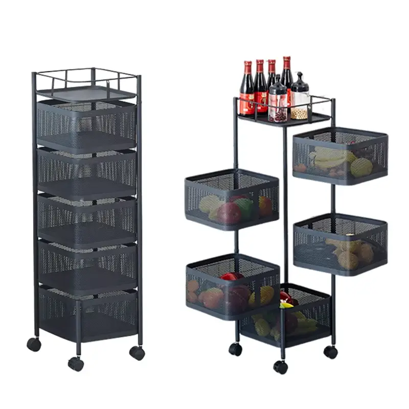 Five Layers 360 Degree Rotatable Trolley Storage Rack, Carbon Steel Storage Rack, Kitchen Vegetable Rack, Snack Storage Rack