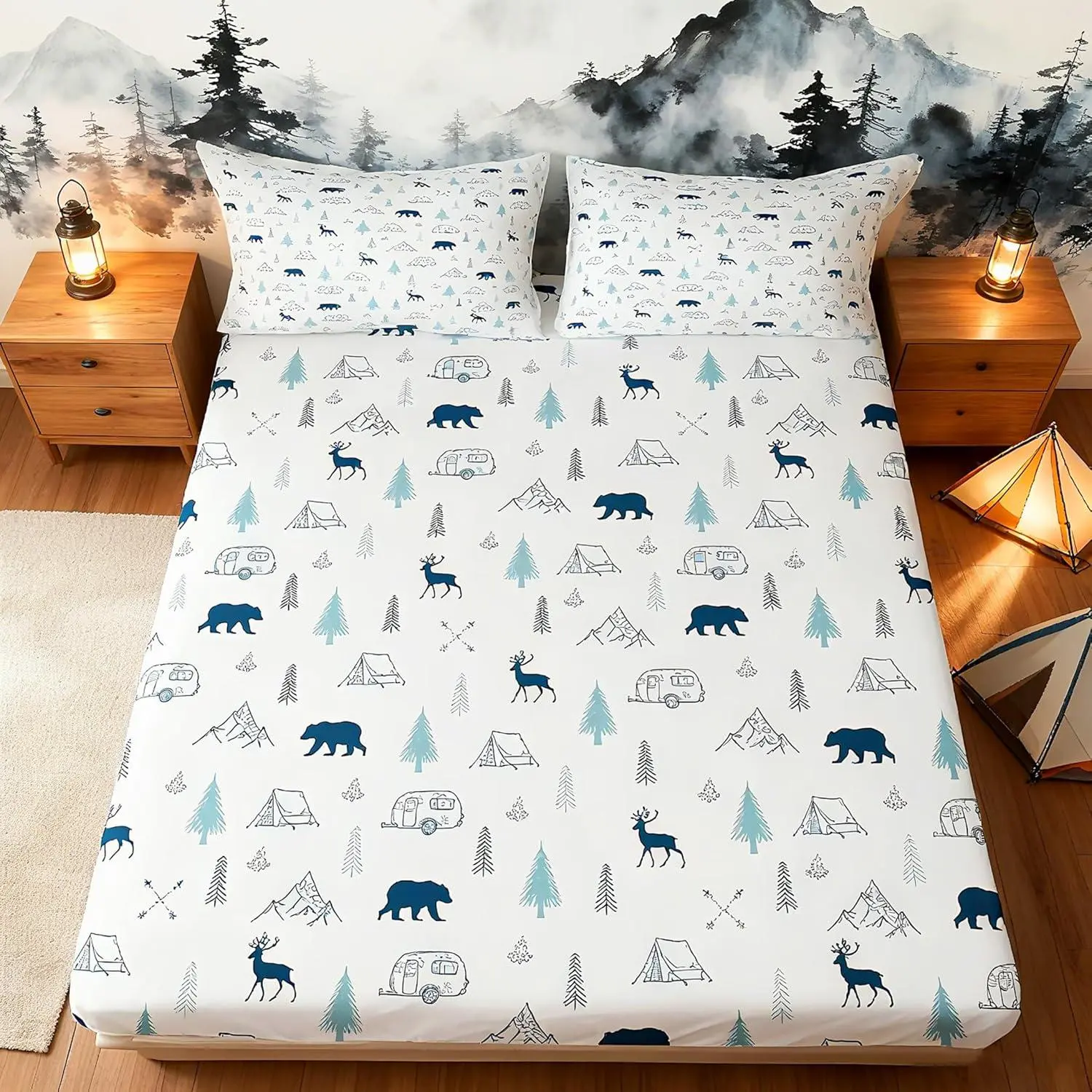 Camper Car Tent Fitted Sheet,Deer Pine Tree and Lake Boat Paddle Print Bedding Set,Kids Teens Adult Room Decor,Camping Hunting Bed Sheets White Green Navy Deep Pocket Sheet