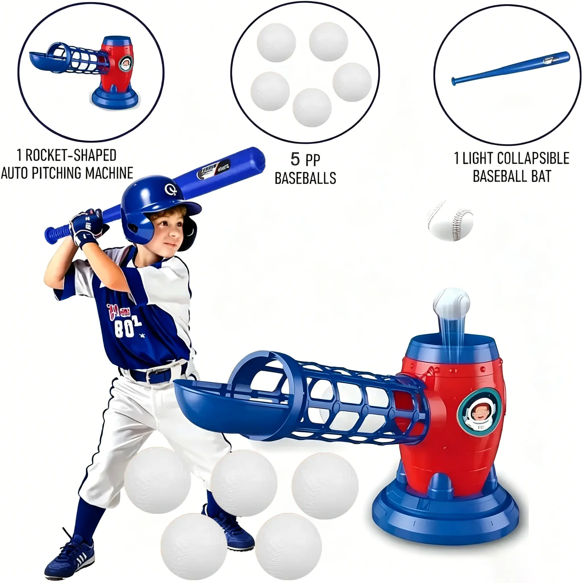 Kids Automatic Baseball Pitching Machine Set – Youth Bat & 5 Plastic Balls, Adjustable Speed Toy for Boys Girls
