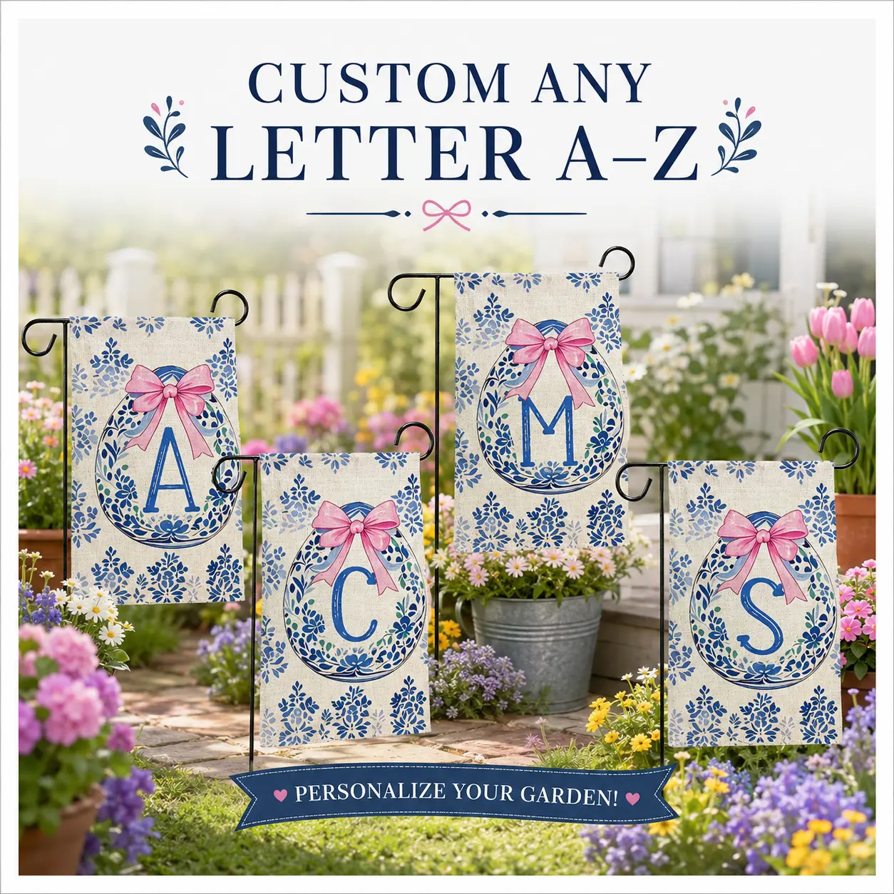 Custom Monogram Garden Flag, Personalized A-Z Initial Yard Flag with Pink Bow, Blue Floral Outdoor Decor