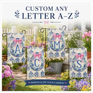 Custom Monogram Garden Flag, Personalized A-Z Initial Yard Flag with Pink Bow, Blue Floral Outdoor Decor