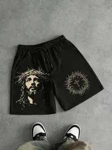 Unisex Retro Jesus Thorn Crown Graphic Print Shorts, Elastic Drawstring Waist, Pocket Design, Christian Streetwear, Summer Casual Wear, Side Pockets Shorts
