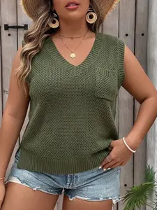 Women's New Fashion Elegant Simple Basic Minimalist Solid Color V-Neck Womenswear Sweater Vest, Split Hem Slit Design, Front Pocket, Casual Loose-Fitting Knit Sleeveless Top