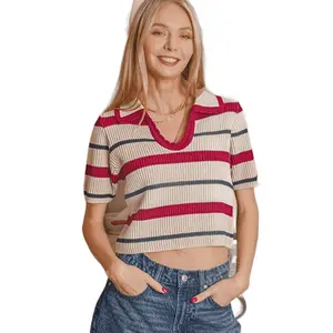 Zenana Striped Collared Short Sleeve Cropped Sweater
