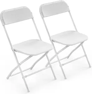 VINGLI 2 Pack White/Black Plastic Folding Chair, Indoor Outdoor Portable Stackable Commercial Seat with Steel Frame 350lb. Capacity for Events Office Wedding Party Picnic Kitchen Dining