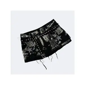 Y2K New Gothic Retro Black Denim Skirt Harajuku Star Graphic Rhinestone Rivet Mini Skirt Sexy Hot Girl Slim Low Waist Hip Skirts