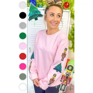 Tees2urdoor Women's Basic Long-Sleeve Pullover Hoodie Sweatshirt - Soft Ash Round Neck Top with Sequin Nutcracker & Christmas Tree Graphic, Ideal for Daily Wear