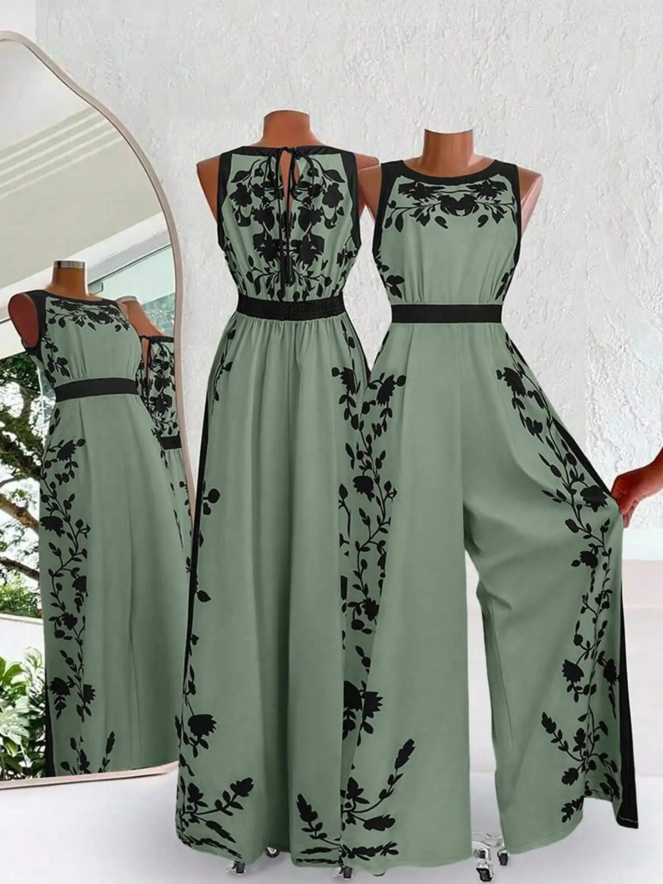 2026 Spring Summer New Women's Jumpsuit, Elegant Round Neck Sleeveless High Waist Floral Printed Jumpsuit, Boho Style Loose-Fitting Clothing, Bohemian, Fashionable Jumpsuit