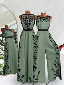 2026 Spring Summer New Women's Jumpsuit, Elegant Round Neck Sleeveless High Waist Floral Printed Jumpsuit, Boho Style Loose-Fitting Clothing