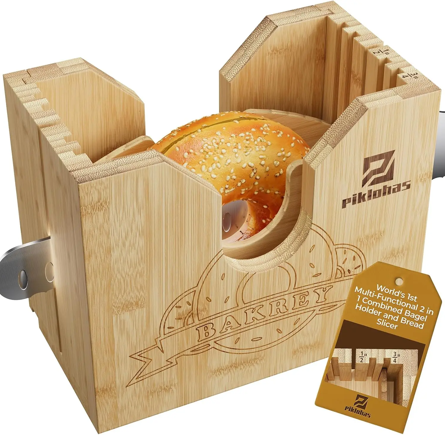 【TikTokShopJumpstart】Piklohas 2025 Upgrade Bagel Slicer, Bamboo Bagel Cutter Holder for Small and Large Bagels, Bread Slicer for Buns, English Muffins, 2 Adjustable Thickness, Anti-slip Mat, Ideal for Gift（No Knife) Valentines Day Gift