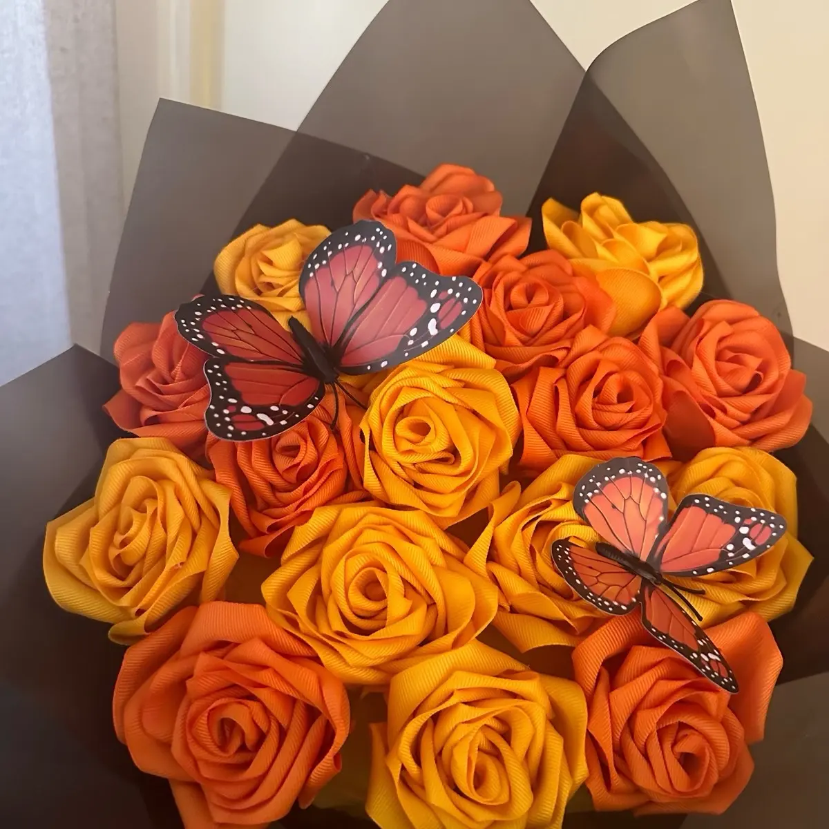 Orange Eternal Roses Butterfly Bouquet - Floral Arrangement for Home and Party Decorations