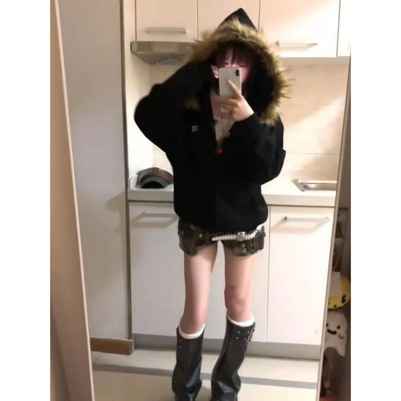 Harajuku Casual Fur Patchwork Hooded Hoodies 2025 Women Y2k Aesthetic Loose Pocket Streetwear Coats Grunge Zipper Sweatshirts