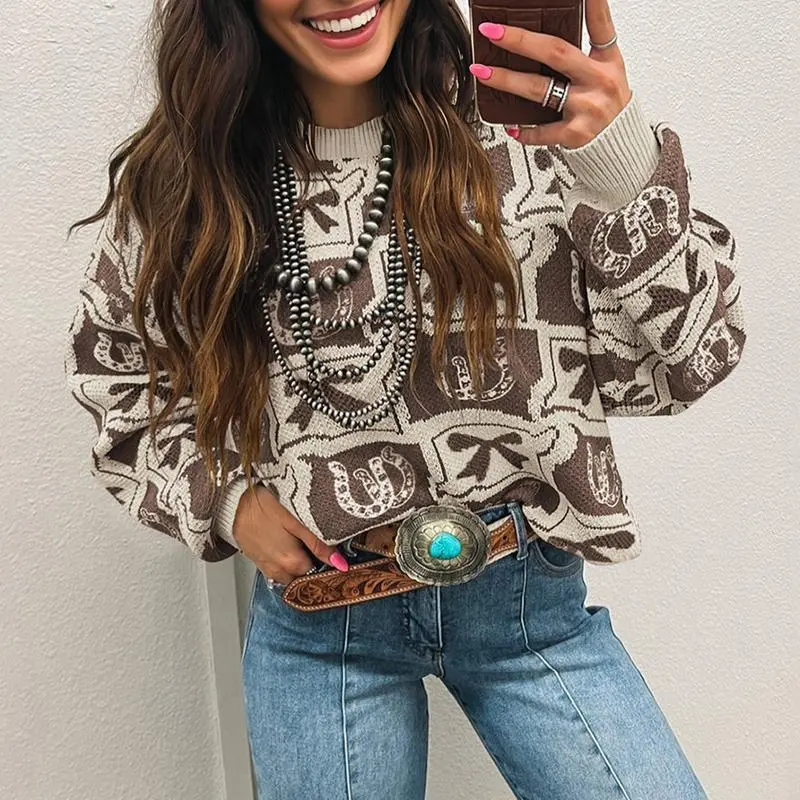 Women's Western Style Knit Sweater with a Bows & Horseshoes Print, Cozy Drop Shoulder Top for Everyday Wear, Fit, Tops, Western Chic, Clothes