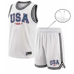 Men’s Sport USA Mesh Basketball Jersey Set, Sleeveless Tank Top and Shorts 2 Piece Outfit, Lightweight Breathable Athletic Sportswear, Casual Summer Training Uniform for Gym, Streetwear, Running, Beach and Daily Wear