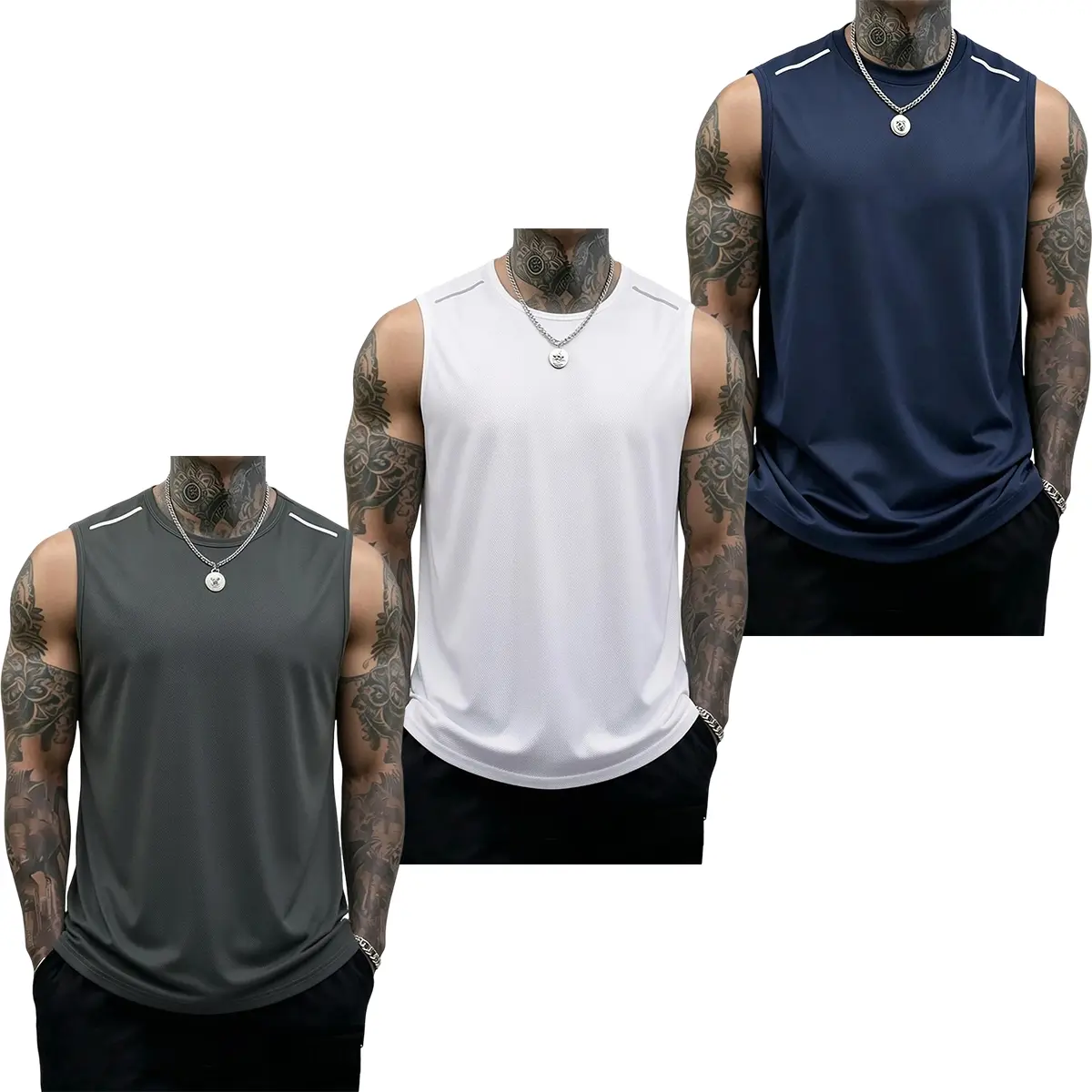 Dark gray + white + navy blue
