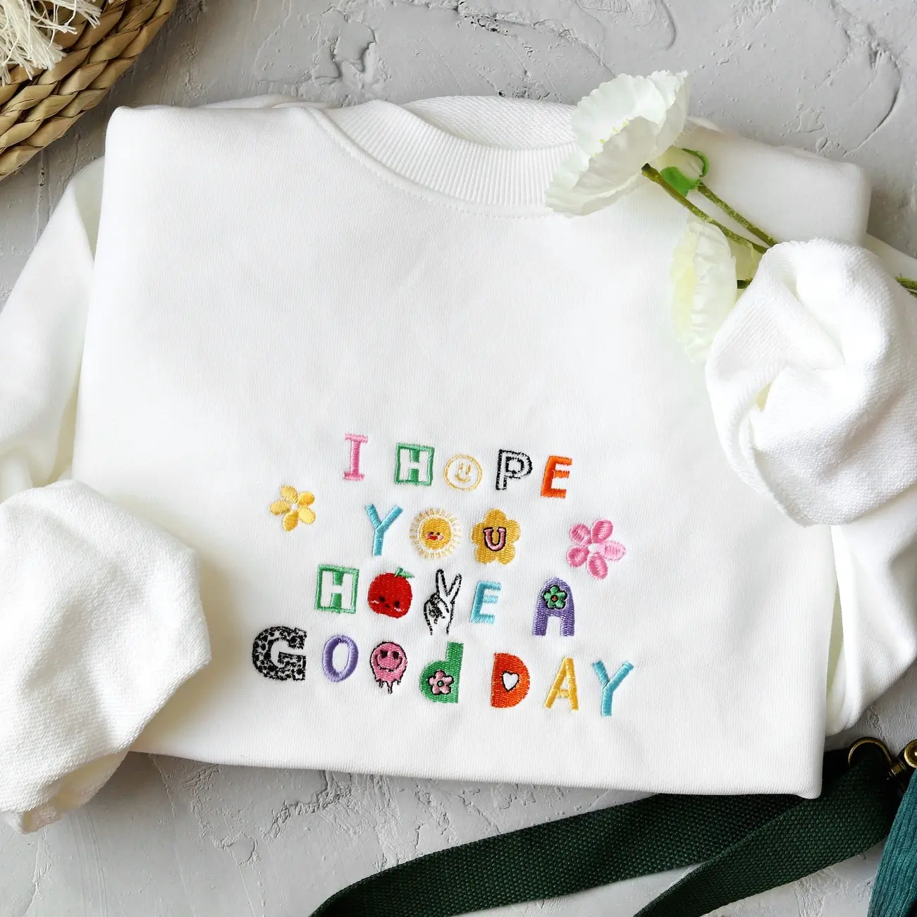 Have A Good Day Embroidered Sweatshirt Cotton Crewneck, Unisex Positive Inspiration Sweatshirt Embroidery, Casual Y2K Coquette Sweater Dailywear