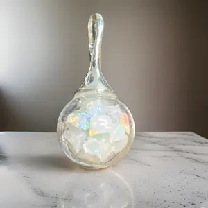 Opal Crystal 14mm Globe in Sterling Silver Necklace-White Ethiopian Welo Opal Chunks/Chips-Special Gift-.925 Sterling-October Birthstone