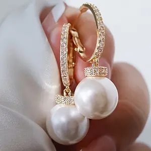 Elegant & Classic Style, Golden Hoop Earrings With Faux Pearl Pendant For Ladies, Fashion Delicate Accessory For Banquet & Party Exquisite Dangle Earrings