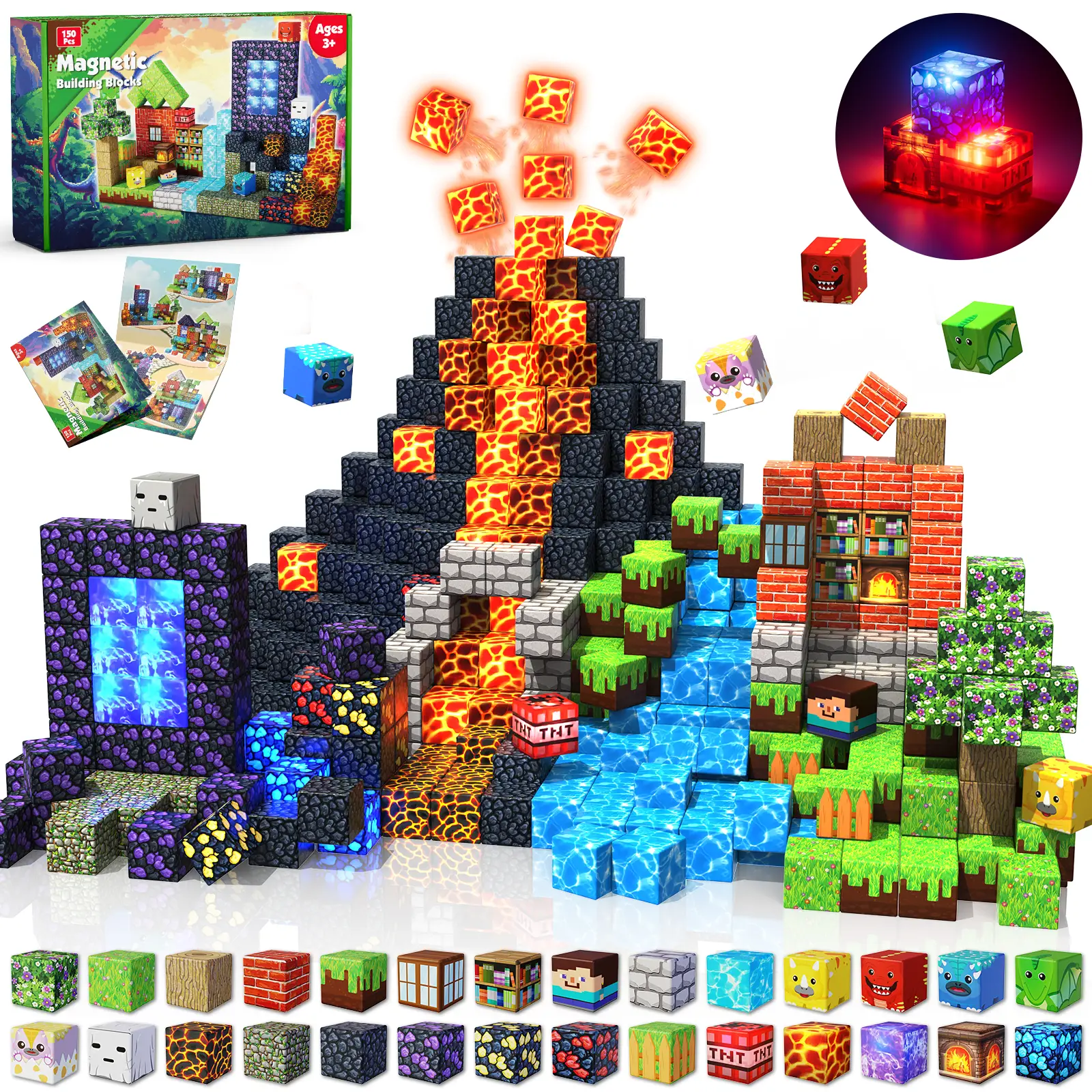 Magnetic Blocks-150PCS Magnetic Building,Portal Dinosaur Red Brick，Light Up Magnet Cubes, STEM Montessori Sensory Toys for Kids Boys Girls Ages 4-8 Ch