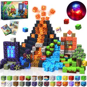 Magnetic Blocks - 150 PCS Dinosaur Volcano Forest Castle Set with Light Up Blocks - Kids Classroom Sensory Toy for Toddlers STEM, Construction Stacking Toy Kids 3+ Boys Easter Basket Stuffers,summerwins summerwins